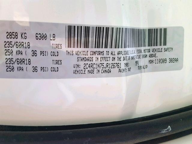 2C4RC1N75JR126761 - 2018 CHRYSLER PACIFICA H WHITE photo 10