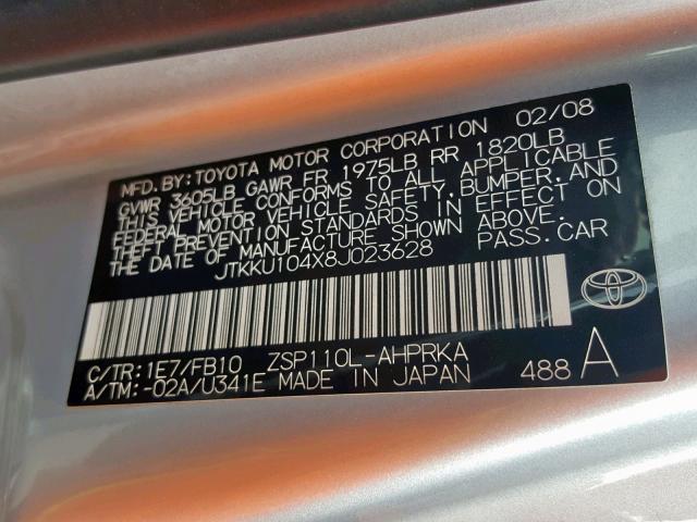 JTKKU104X8J023628 - 2008 TOYOTA SCION XD GRAY photo 10