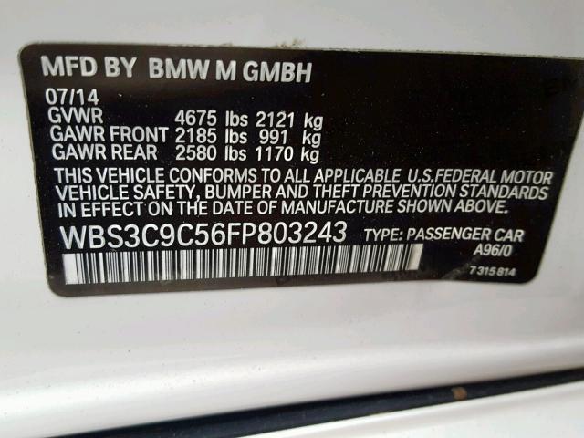 WBS3C9C56FP803243 - 2015 BMW M3 WHITE photo 10