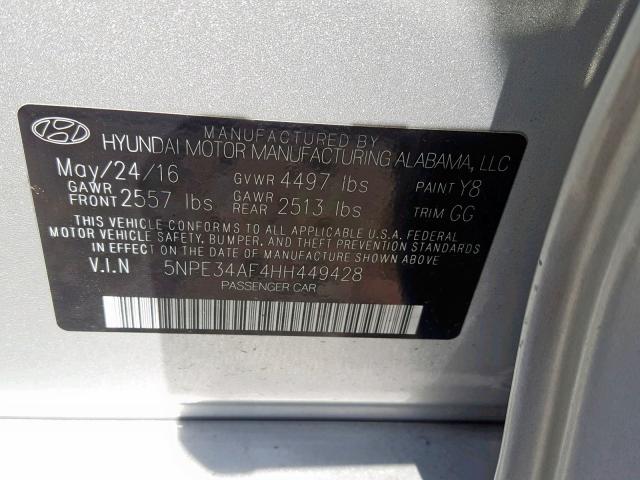 5NPE34AF4HH449428 - 2017 HYUNDAI SONATA SPO SILVER photo 10