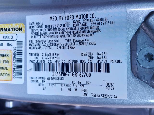 3FA6P0G71GR162700 - 2016 FORD FUSION S SILVER photo 10