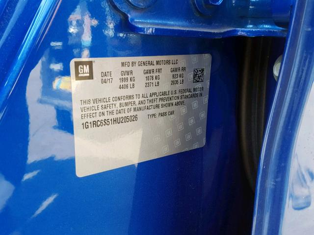 1G1RC6S51HU205026 - 2017 CHEVROLET VOLT LT BLUE photo 10