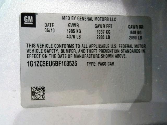 1G1ZC5EU6BF103536 - 2011 CHEVROLET MALIBU 1LT 银色 照片 10