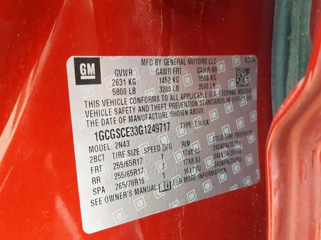 1GCGSCE33G1249717 - 2016 CHEVROLET COLORADO L ORANGE photo 10