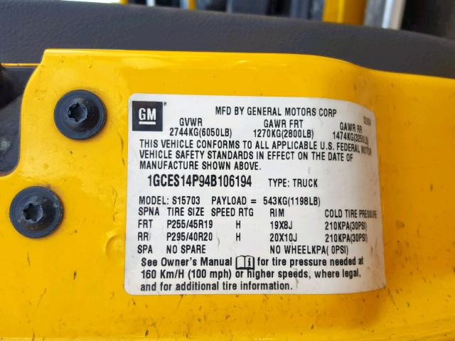 1GCES14P94B106194 - 2004 CHEVROLET SSR 黄色 照片 10