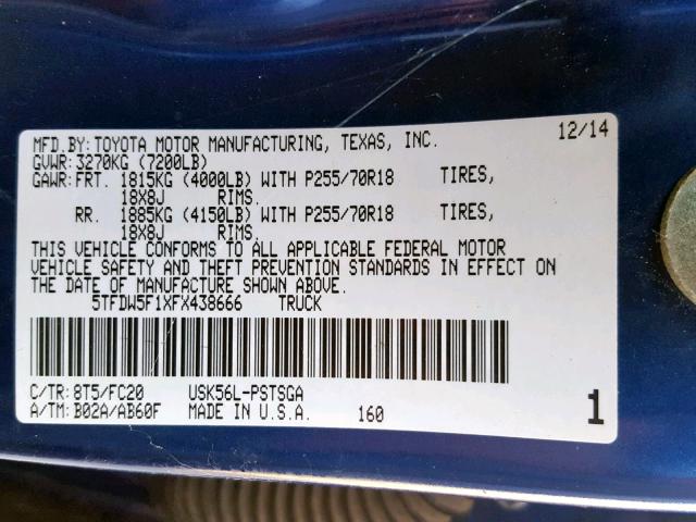 5TFDW5F1XFX438666 - 2015 TOYOTA TUNDRA CRE BLUE photo 10