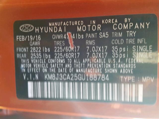 KM8J3CA25GU188784 - 2016 HYUNDAI TUCSON LIM ORANGE photo 10