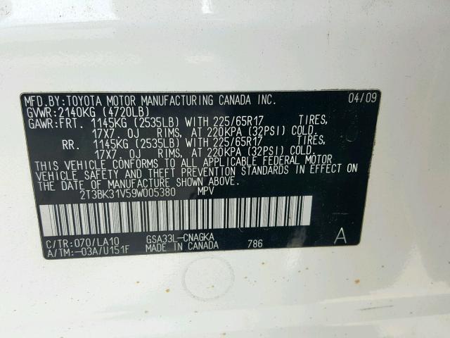 2T3BK31V59W005380 - 2009 TOYOTA RAV4 LIMIT WHITE photo 10