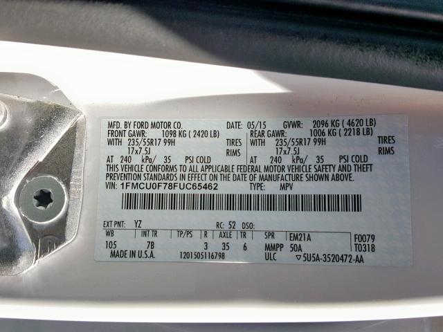 1FMCU0F78FUC65462 - 2015 FORD ESCAPE S WHITE photo 10