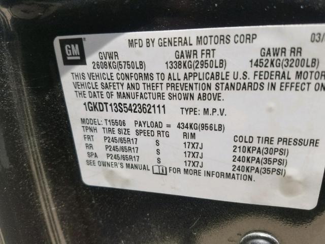 1GKDT13S542362111 - 2004 GMC ENVOY CHARCOAL photo 10