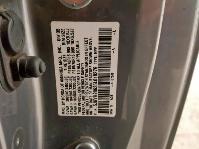 5J6YH28635L018279 - 2005 HONDA ELEMENT EX GRAY photo 10