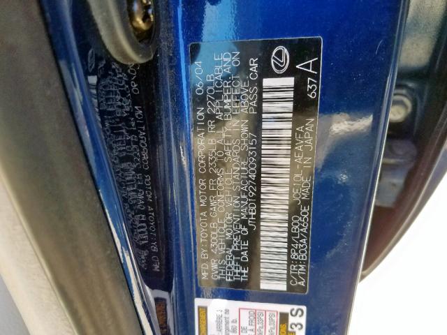 JTHBD192740093157 - 2004 LEXUS IS 300 BLUE photo 10