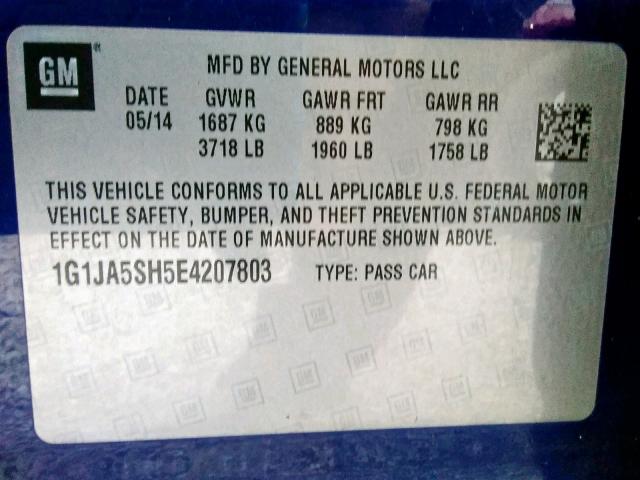 1G1JA5SH5E4207803 - 2014 CHEVROLET SONIC LS BLUE photo 10