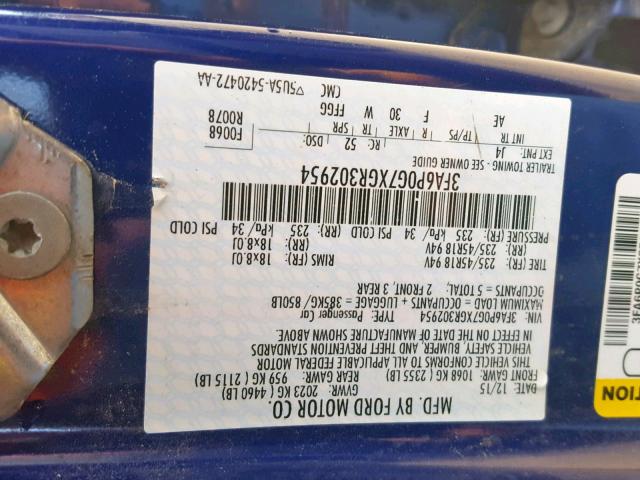 3FA6P0G7XGR302954 - 2016 FORD FUSION S BLUE photo 10