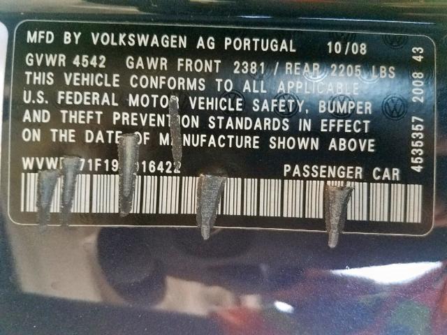 WVWFA71F19V016422 - 2009 VOLKSWAGEN EOS LUX Синий фото 10