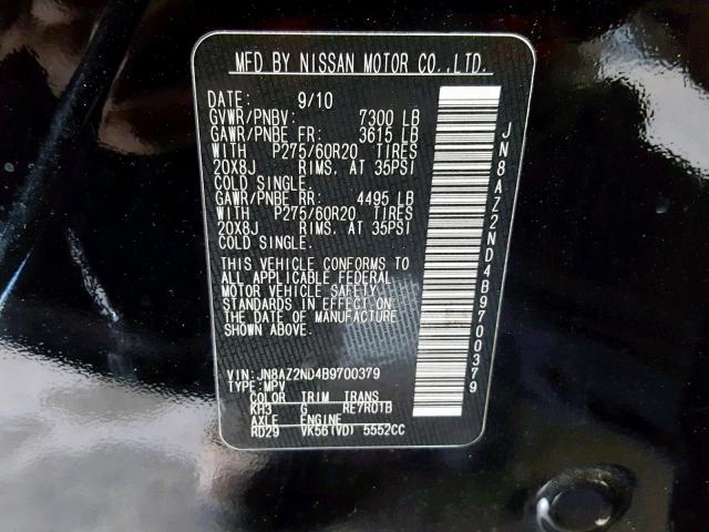 JN8AZ2ND4B9700379 - 2011 INFINITI QX56 BLACK photo 10