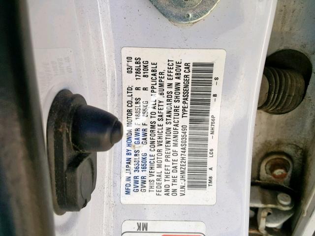 JHMZE2H74AS035490 - 2010 HONDA INSIGHT WHITE photo 10