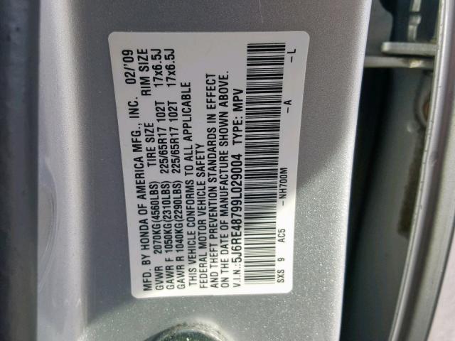 5J6RE48799L029004 - 2009 HONDA CR-V EXL SILVER photo 10