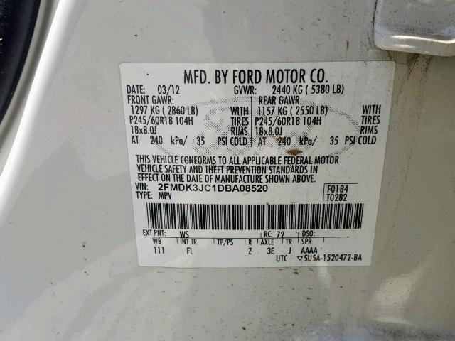 2FMDK3JC1DBA08520 - 2013 FORD EDGE SEL WHITE photo 10