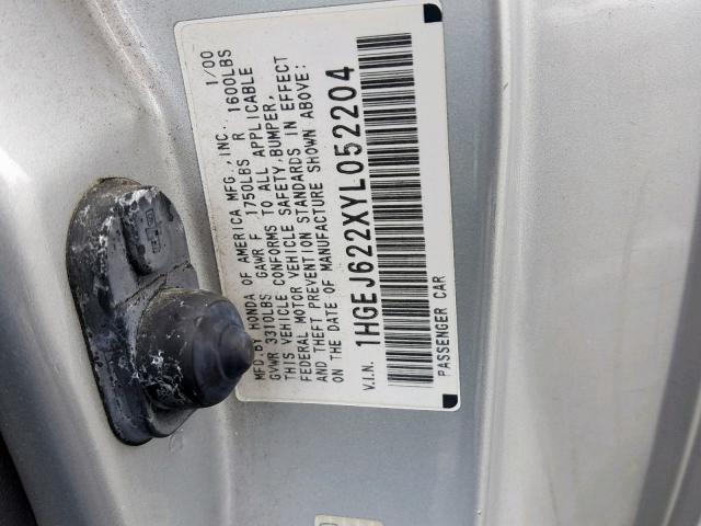 1HGEJ622XYL052204 - 2000 HONDA CIVIC DX SILVER photo 10