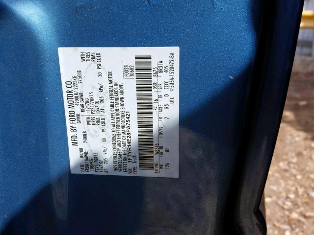 1FTYR14E28PA75421 - 2008 FORD RANGER SUP BLUE photo 10