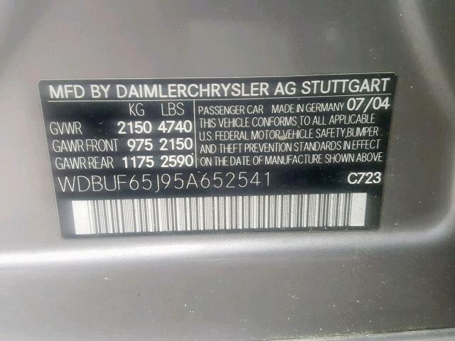 WDBUF65J95A652541 - 2005 MERCEDES-BENZ E 320 GRAY photo 10