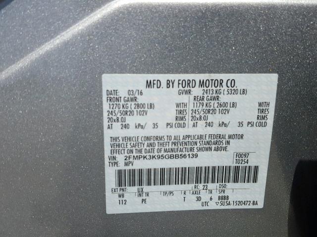 2FMPK3K95GBB56139 - 2016 FORD EDGE TITAN SILVER photo 10