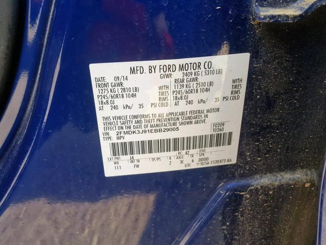 2FMDK3J91EBB29005 - 2014 FORD EDGE SEL BLUE photo 10