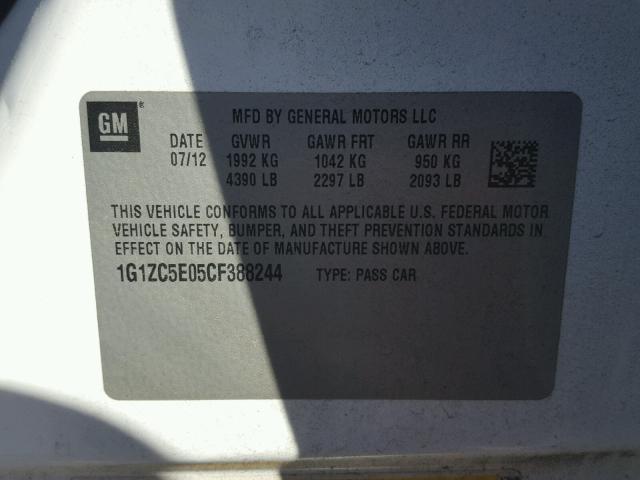 1G1ZC5E05CF388244 - 2012 CHEVROLET MALIBU 1LT თეთრი ფოტო 10