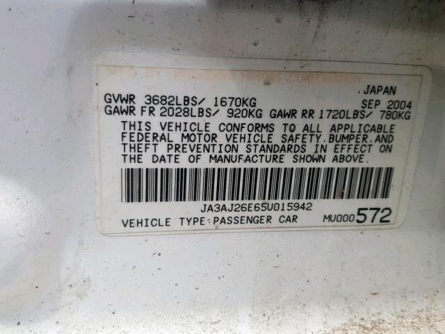 JA3AJ26E65U015942 - 2005 MITSUBISHI LANCER ES WHITE photo 10