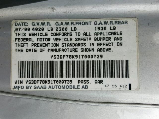 YS3DF78K917000739 - 2001 SAAB 9-3 SE SILVER photo 10