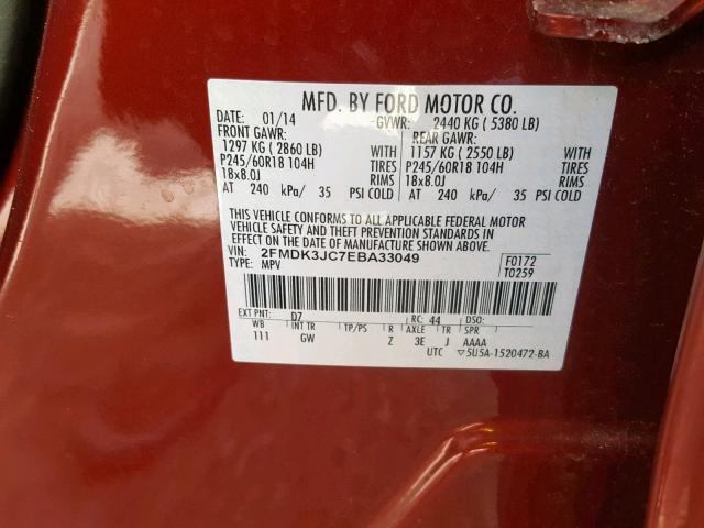 2FMDK3JC7EBA33049 - 2014 FORD EDGE SEL RED photo 10