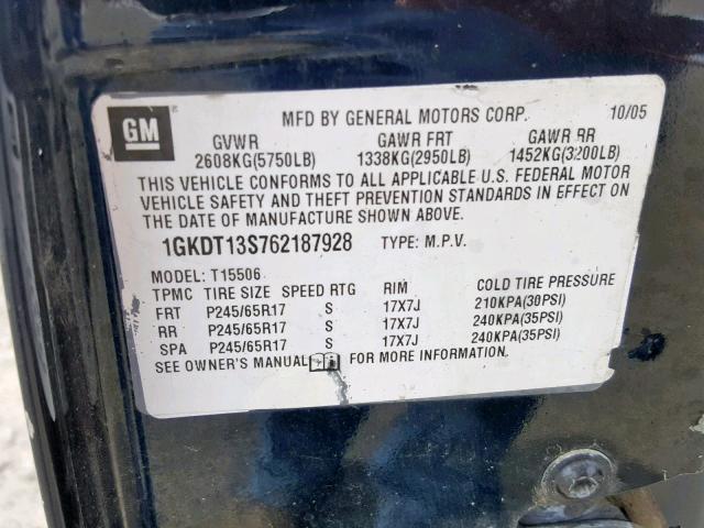 1GKDT13S762187928 - 2006 GMC ENVOY BLACK photo 10