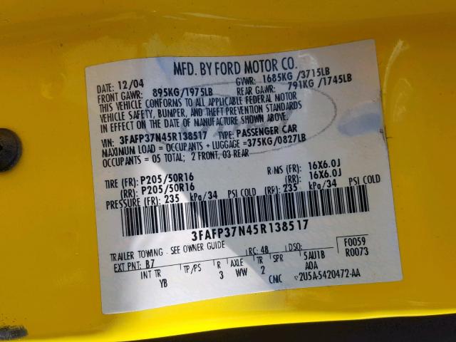 3FAFP37N45R138517 - 2005 FORD FOCUS ZX5 YELLOW photo 10