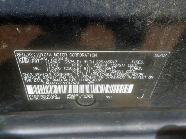 JTMBD31V776047624 - 2007 TOYOTA RAV4 LIMIT BLACK photo 10