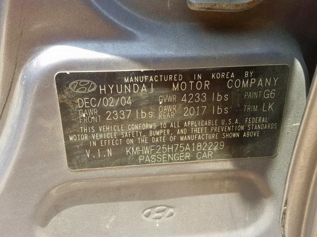 KMHWF25H75A182229 - 2005 HYUNDAI SONATA GL GRAY photo 10