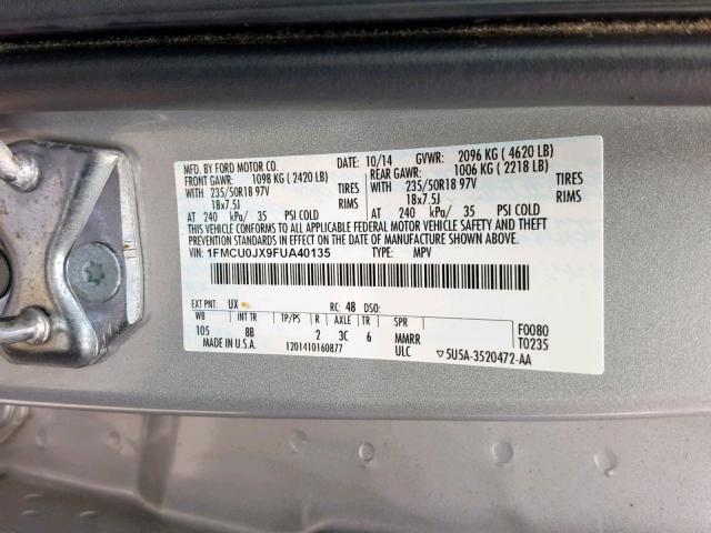 1FMCU0JX9FUA40135 - 2015 FORD ESCAPE TIT SILVER photo 10