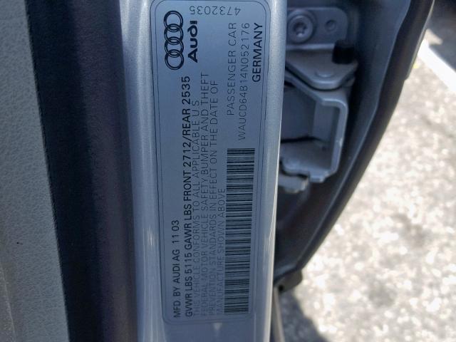 WAUCD64B14N052176 - 2004 AUDI A6 S-LINE SILVER photo 10