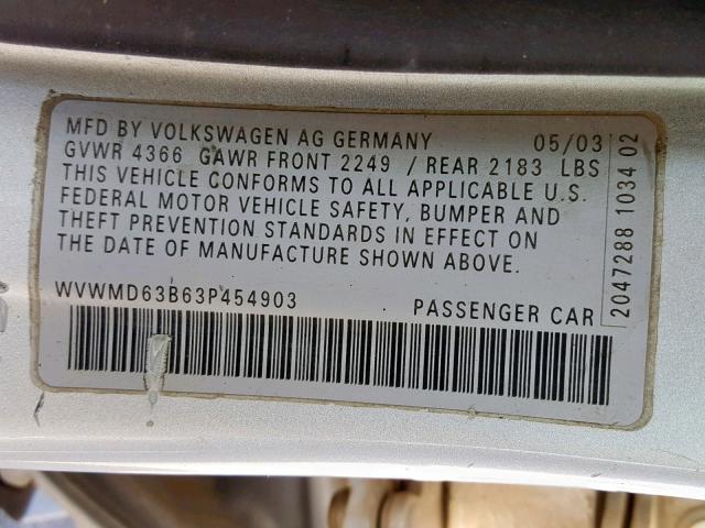 WVWMD63B63P454903 - 2003 VOLKSWAGEN PASSAT GL SILVER photo 10