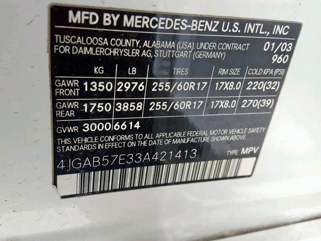 4JGAB57E33A421413 - 2003 MERCEDES-BENZ ML 350 WHITE photo 10