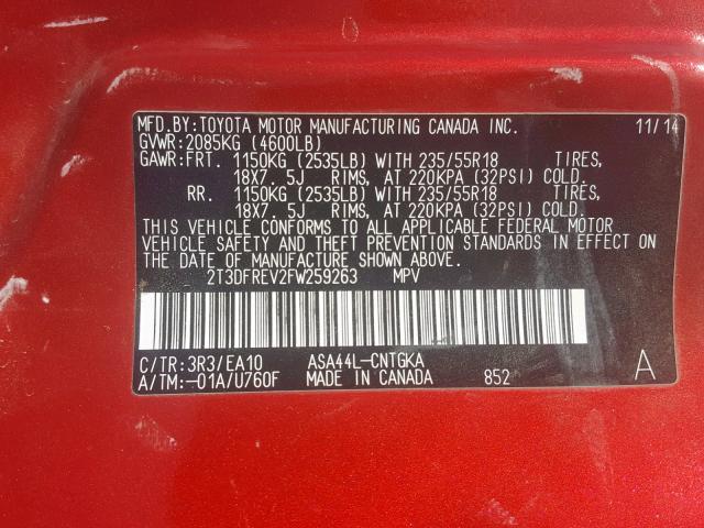 2T3DFREV2FW259263 - 2015 TOYOTA RAV4 LIMIT RED photo 10