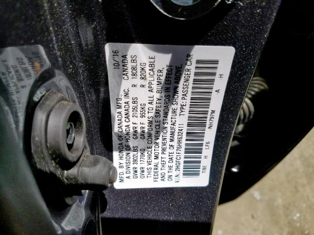 2HGFC1F76HH632411 - 2017 HONDA CIVIC EXL GRAY photo 10