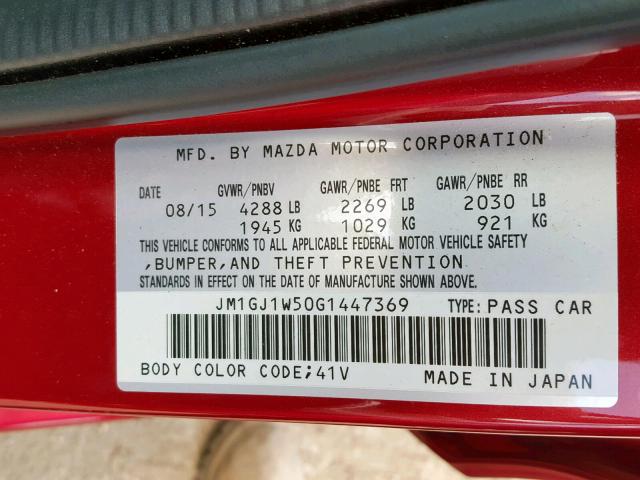 JM1GJ1W50G1447369 - 2016 MAZDA 6 GRAND TO RED photo 10