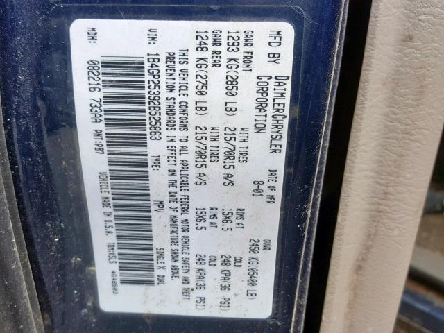 1B4GP25392B525863 - 2002 DODGE CARAVAN SE BLUE photo 10