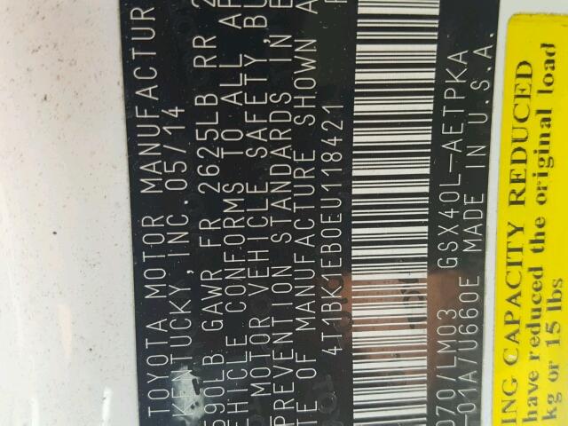 4T1BK1EB0EU118421 - 2014 TOYOTA AVALON BAS Սպիտակ լուսանկար 10