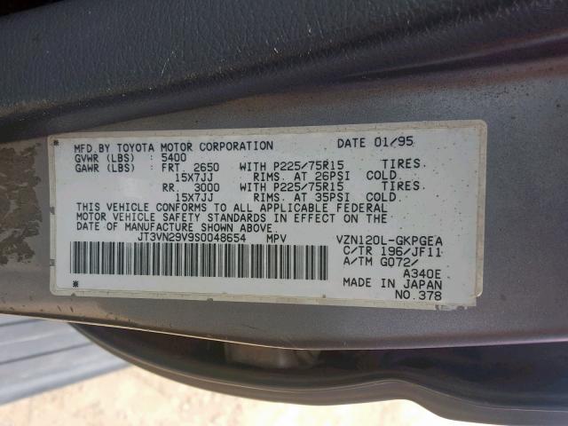 JT3VN29V9S0048654 - 1995 TOYOTA 4RUNNER VN GRAY photo 10