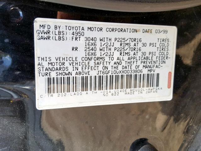 JT6GF10UXX0033806 - 1999 LEXUS RX 300 BLACK photo 10