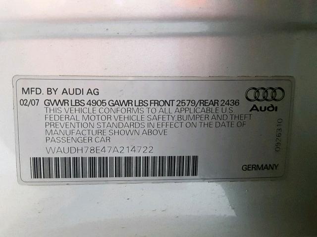 WAUDH78E47A214722 - 2007 AUDI A4 3.2 QUA SILVER photo 10