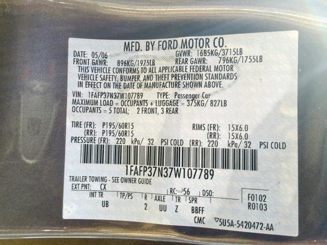 1FAFP37N37W107789 - 2007 FORD FOCUS ZX5 GRAY photo 10