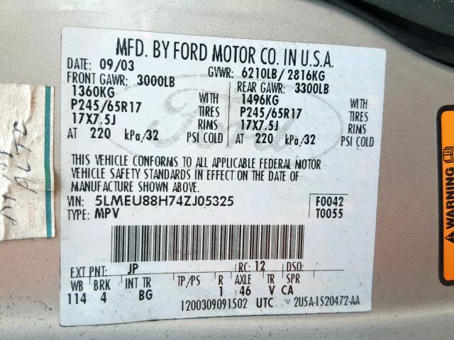 5LMEU88H74ZJ05325 - 2004 LINCOLN AVIATOR 银色 照片 10